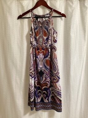 INC International Concepts Paisley Halter Midi Dress in White, Purple & Brown